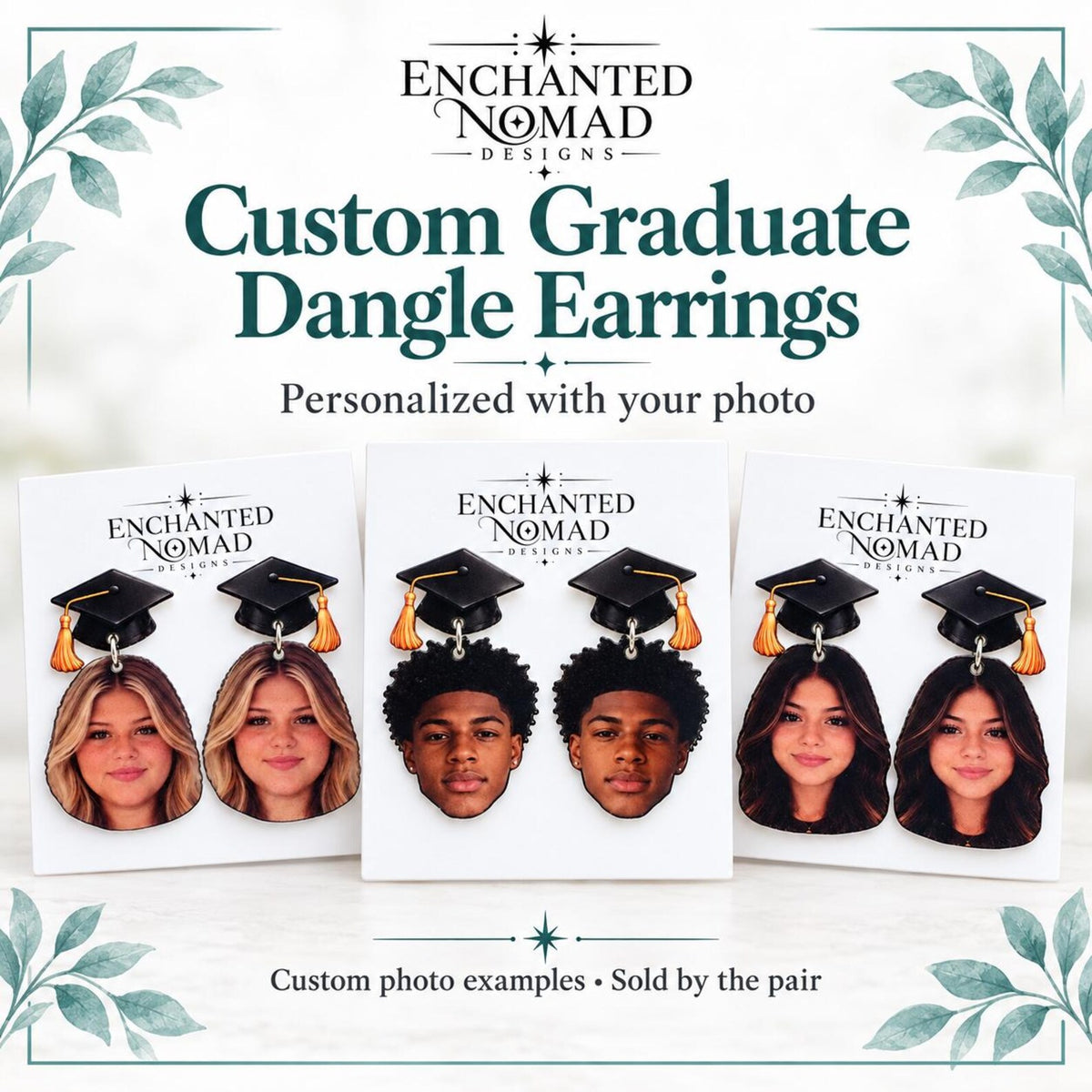 Custom graduation photo earrings with black graduation cap toppers and gold tassels, sold as a matching pair.