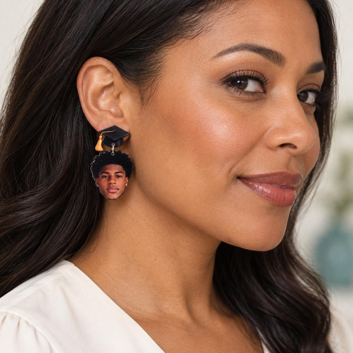 Custom graduation photo earrings, personalized portrait and graduation cap example 2.