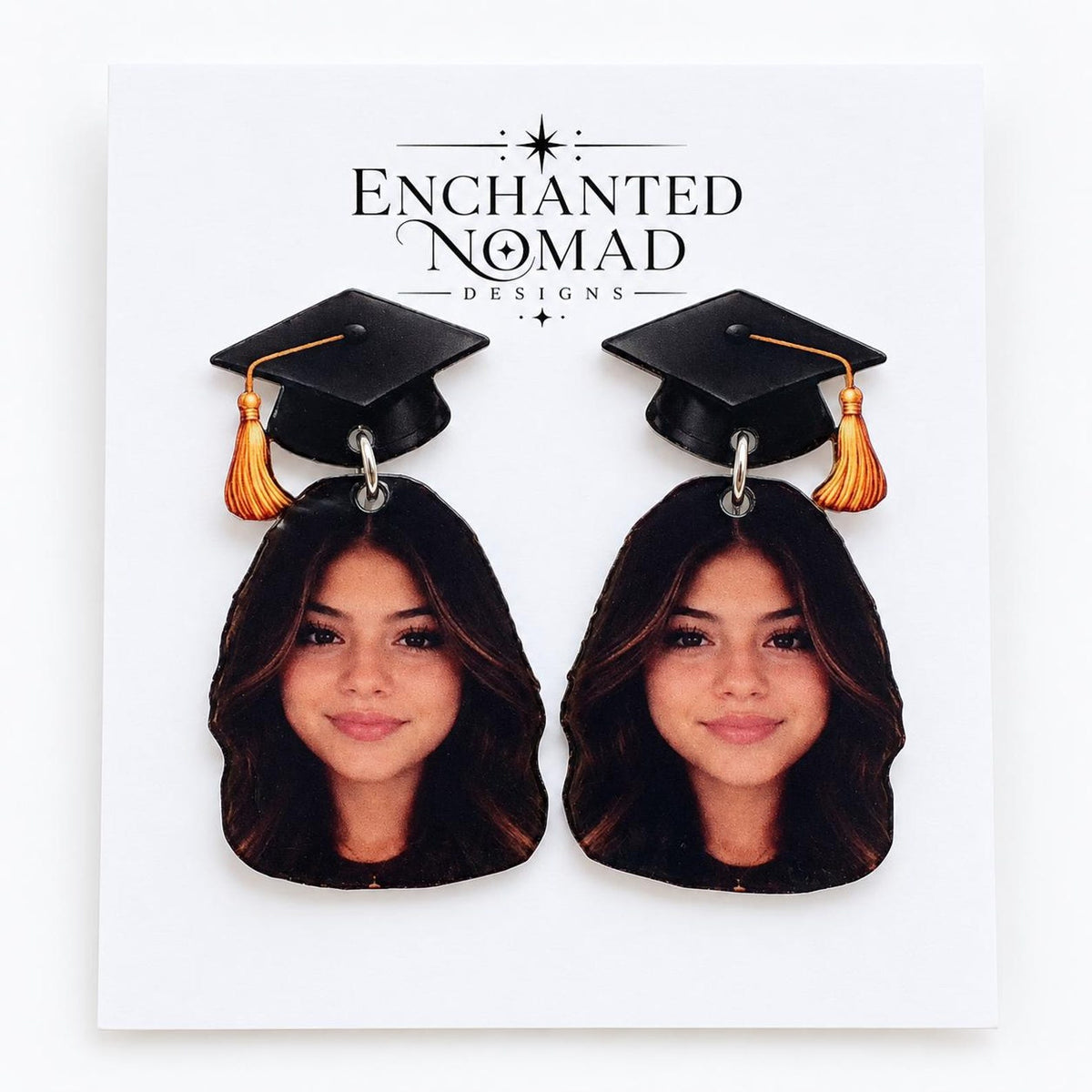 Custom graduation photo earrings, personalized portrait and graduation cap example 3.