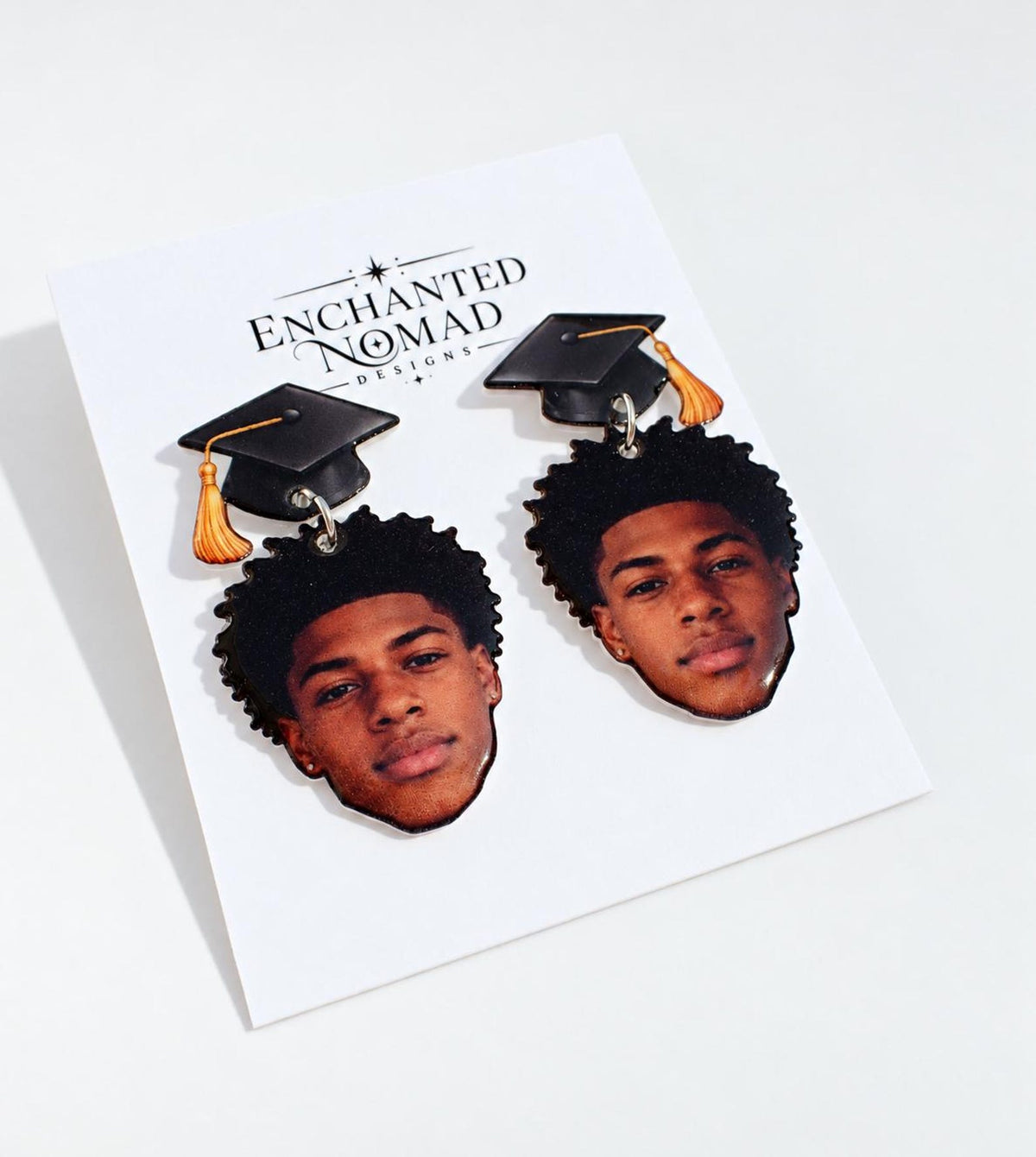 Custom graduation photo earrings, personalized portrait and graduation cap example 4.