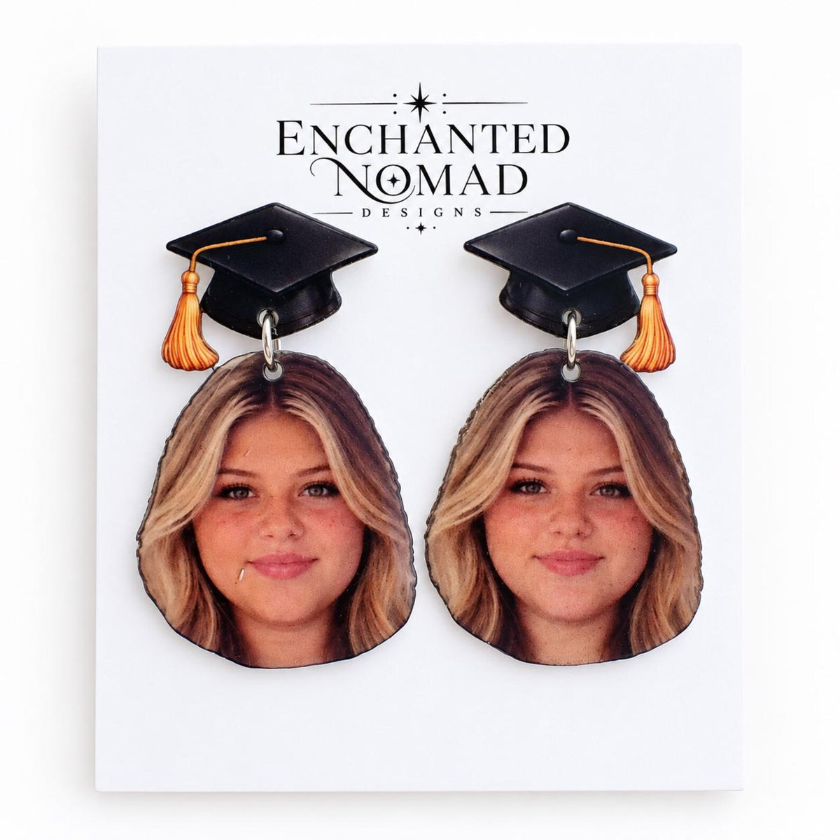 Custom graduation photo earrings, personalized portrait and graduation cap example 5.