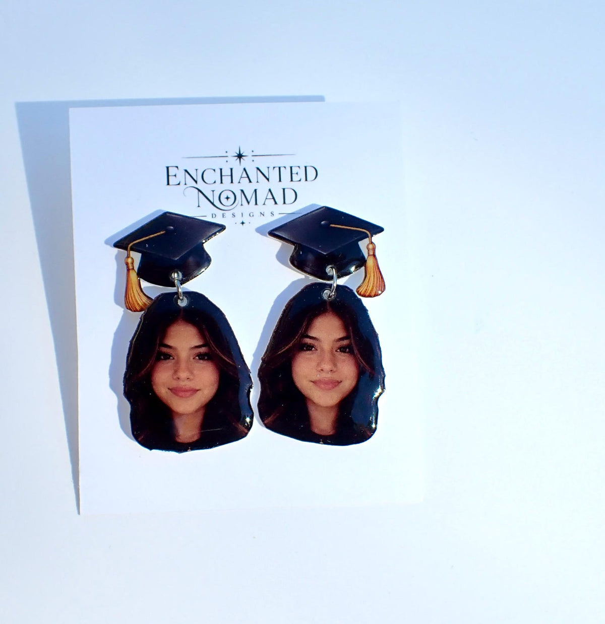 Custom graduation photo earrings, personalized portrait and graduation cap example 6.