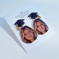 Custom graduation photo earrings, personalized portrait and graduation cap example 7.