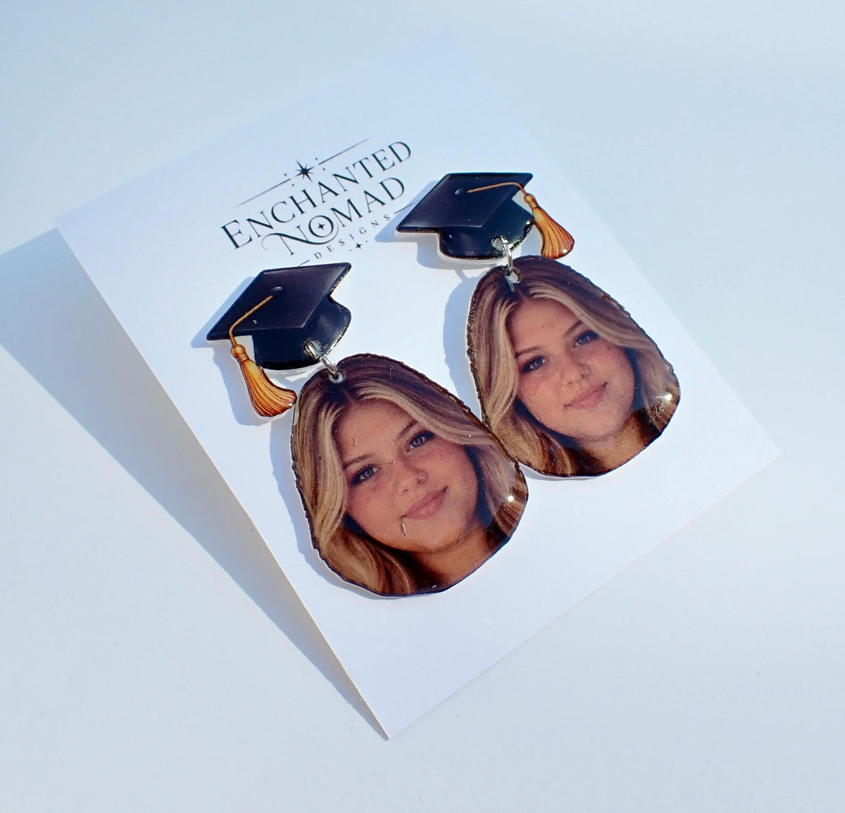 Custom graduation photo earrings, personalized portrait and graduation cap example 7.