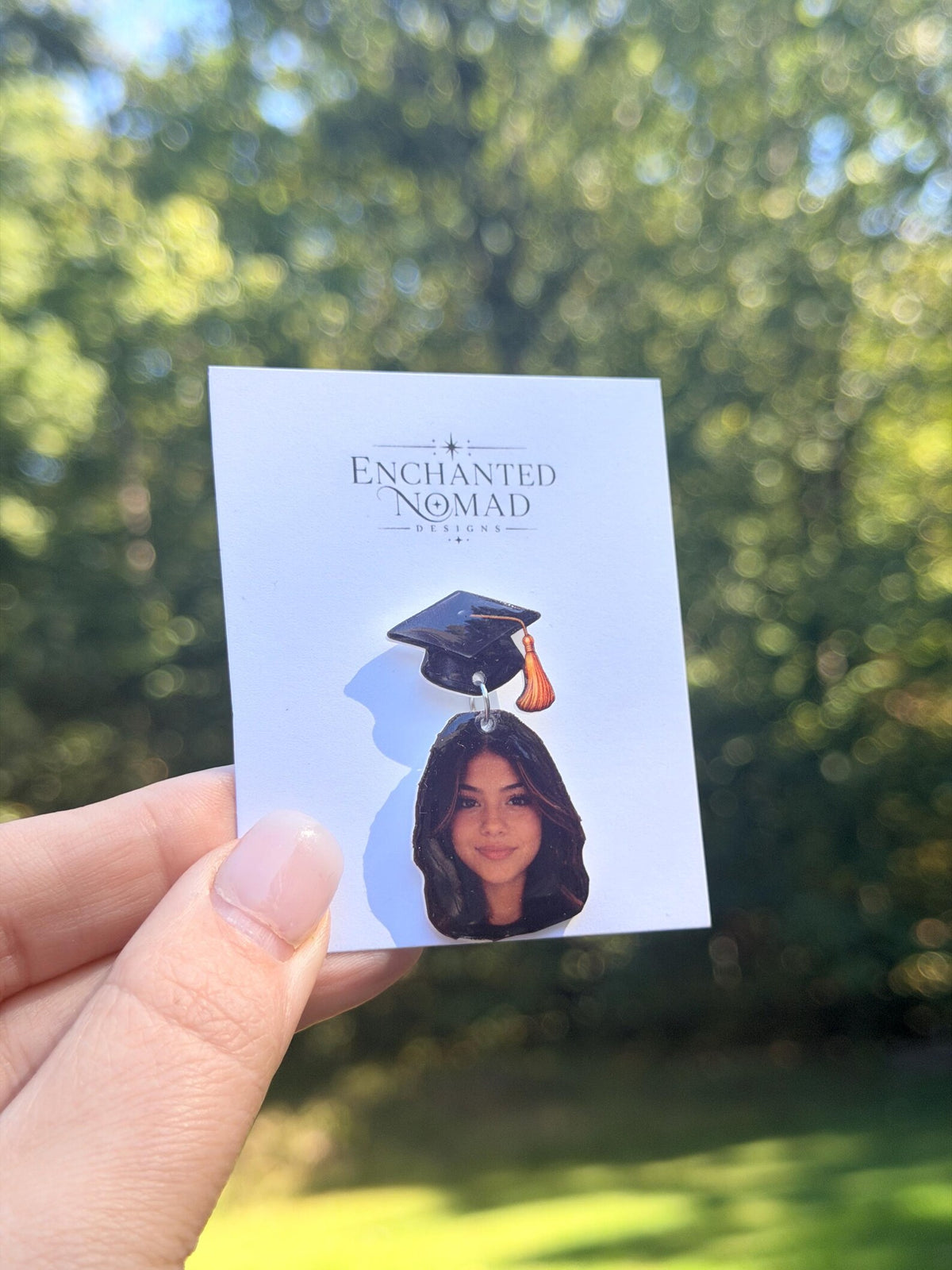 Custom graduation photo lapel pin, handmade portrait and cap example.