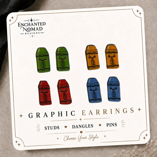 Cute Crayon Stud Earrings on the tilted Enchanted Nomad Designs card