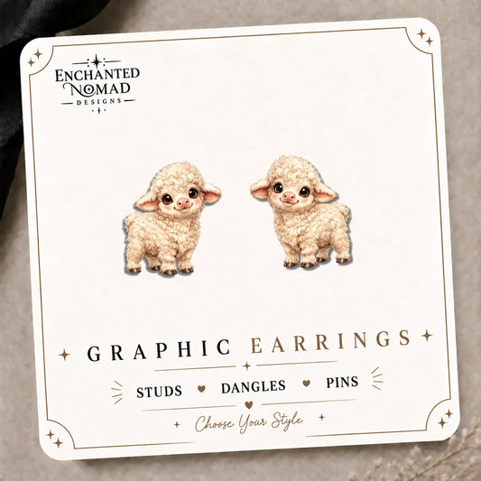 Cute Farm Lamb Stud Earrings on the tilted Enchanted Nomad Designs card