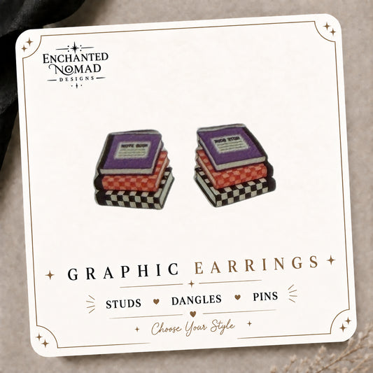 Cute Stack of Books Stud Earrings on the tilted Enchanted Nomad Designs card
