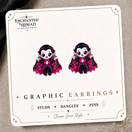 Cute Vampire Stud Earrings on the tilted Enchanted Nomad Designs card
