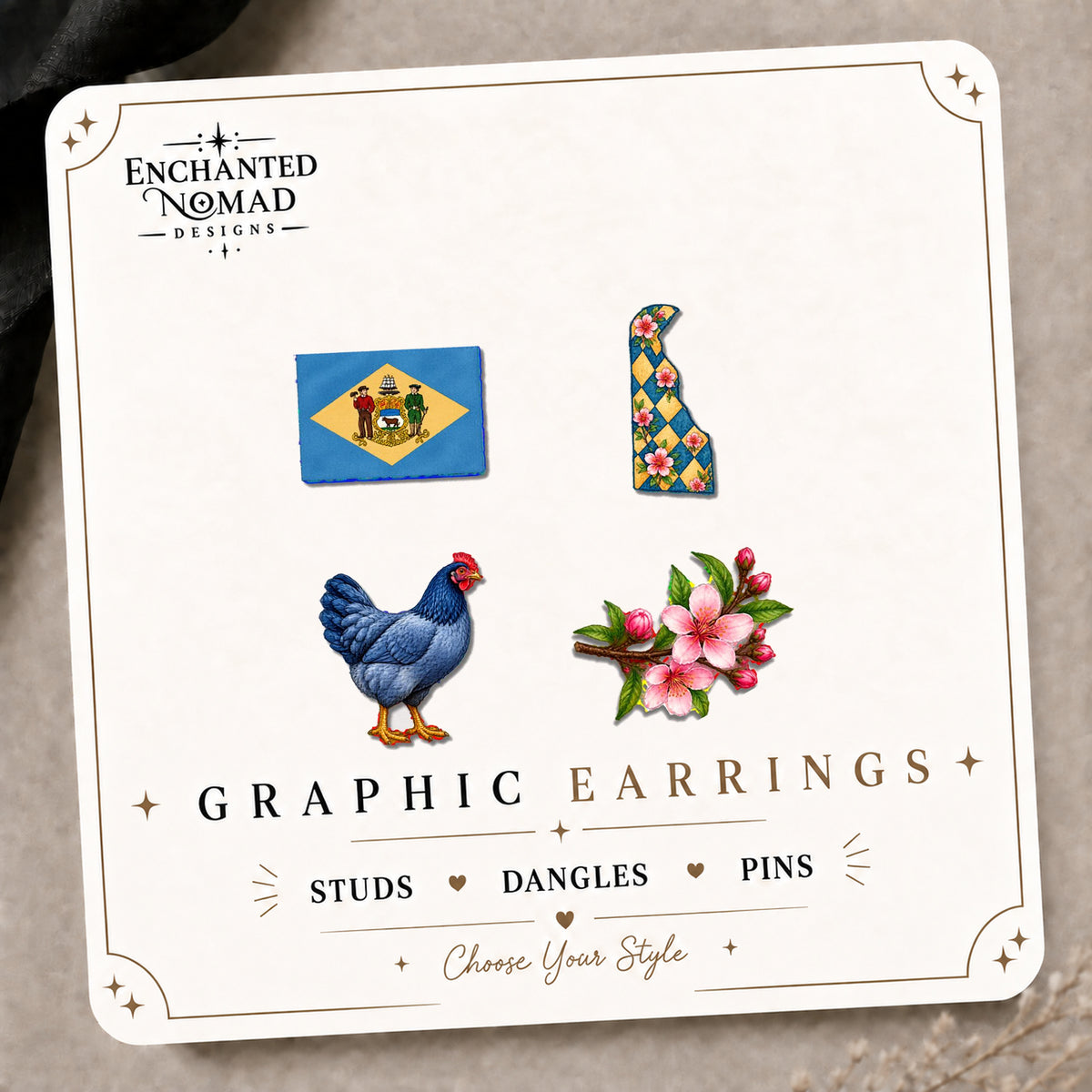 Delaware Mix & Match Stud Earrings on the tilted Enchanted Nomad Designs card