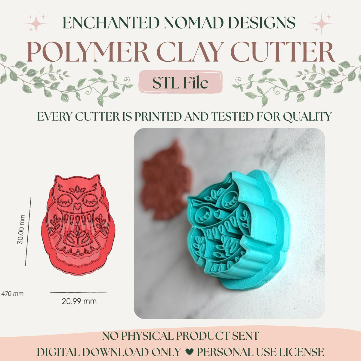 Folk Art Owl Clay Cutter STL — 30 mm preview 2