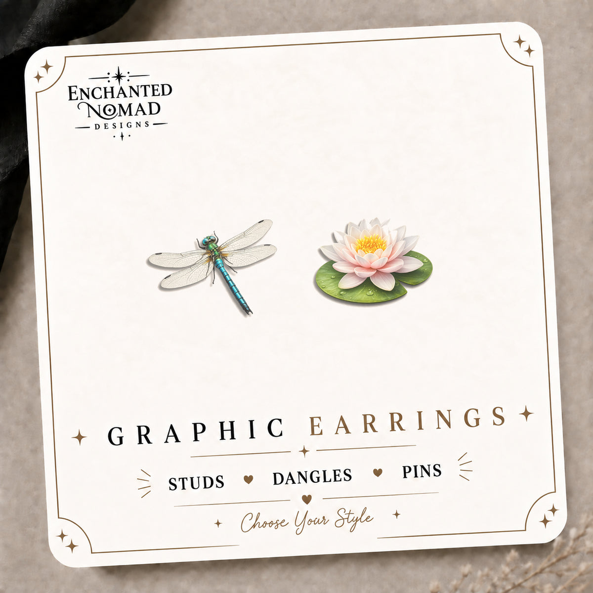 Dragonfly & Water Lily Stud Earrings on the tilted Enchanted Nomad Designs card