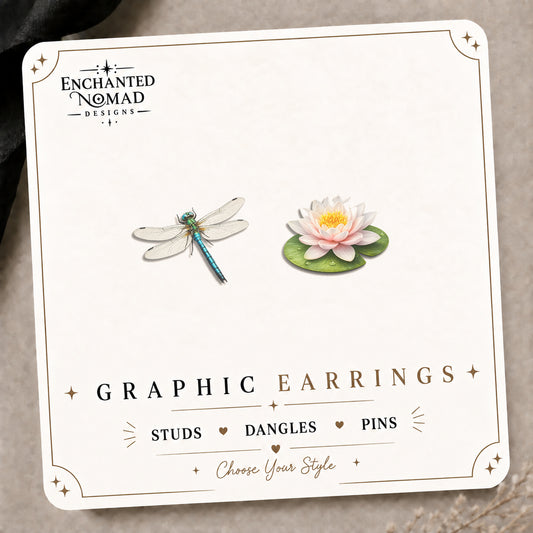 Dragonfly & Water Lily Stud Earrings on the tilted Enchanted Nomad Designs card