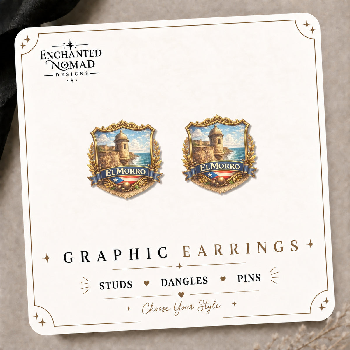 El Morro Earrings & Pins on the tilted Enchanted Nomad Designs card