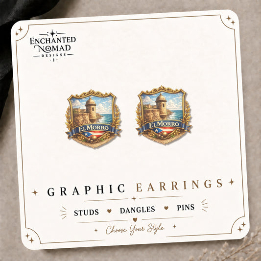 El Morro Earrings & Pins on the tilted Enchanted Nomad Designs card
