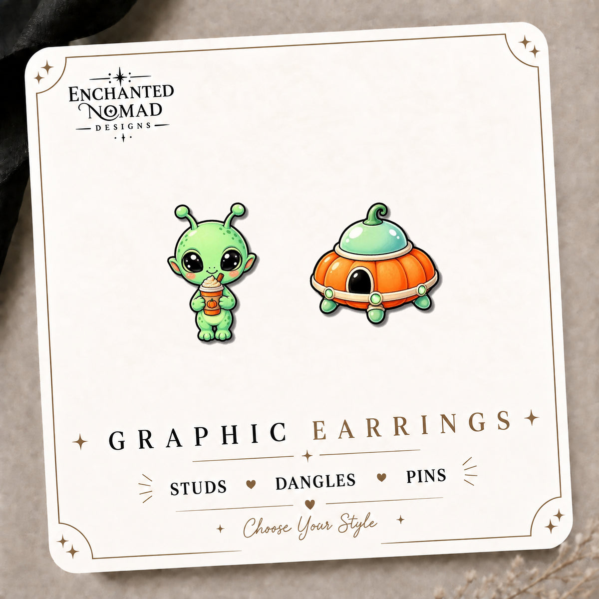 Fall Alien & Pumpkin UFO Stud Earrings on the tilted Enchanted Nomad Designs card