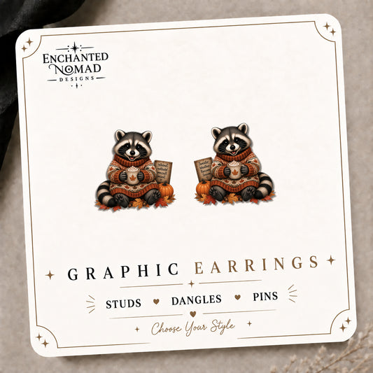 Fall Raccoon Stud Earrings on the tilted Enchanted Nomad Designs card