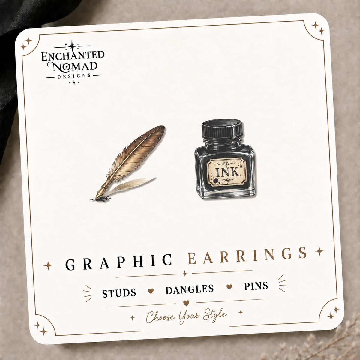 Feather and Ink Bottle Stud Earrings on the tilted Enchanted Nomad Designs card