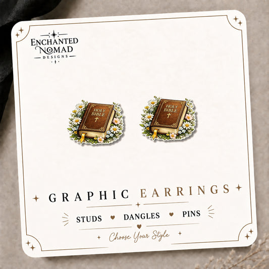 Floral Holy Bible Stud Earrings on the tilted Enchanted Nomad Designs card