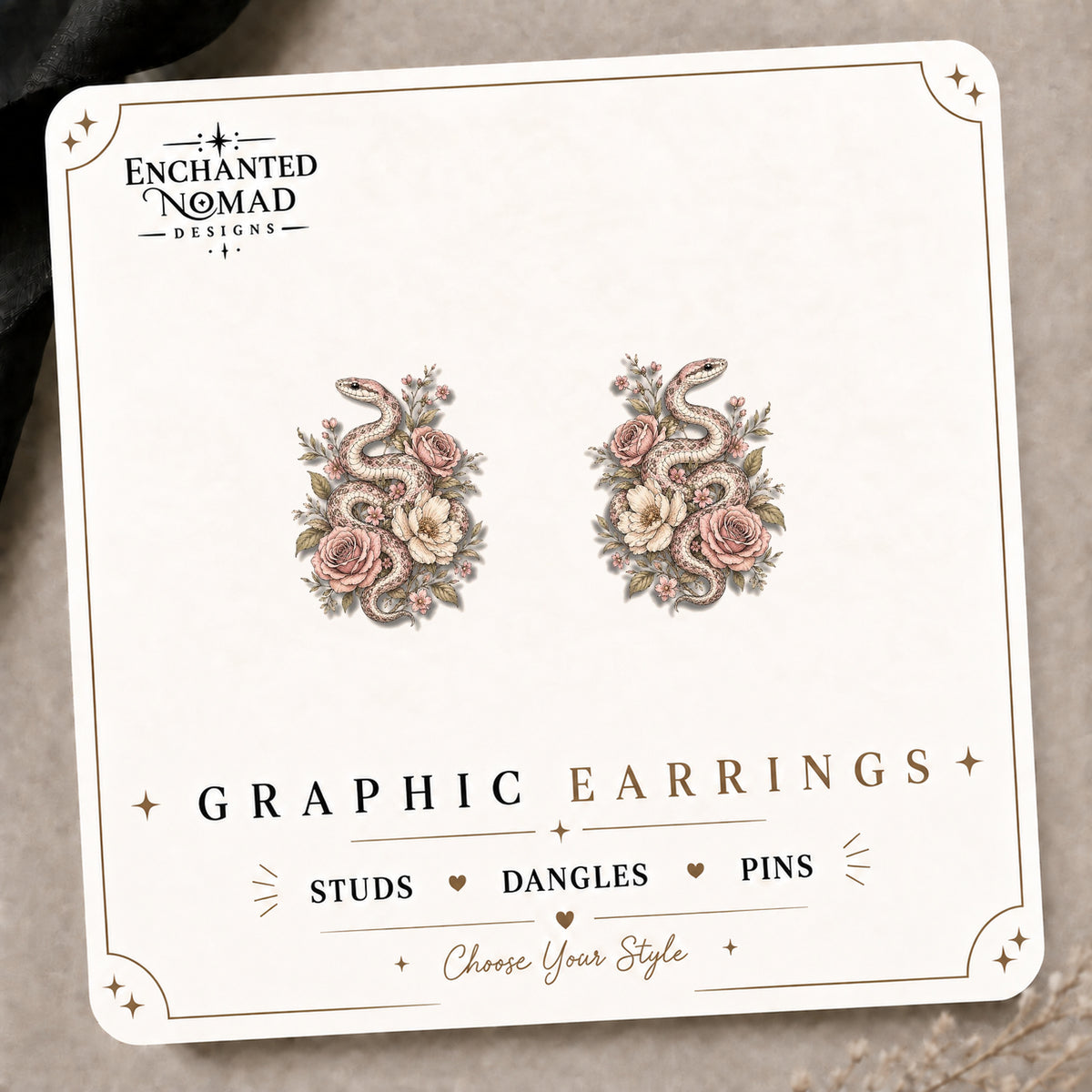 Floral Snake Stud Earrings on the tilted Enchanted Nomad Designs card