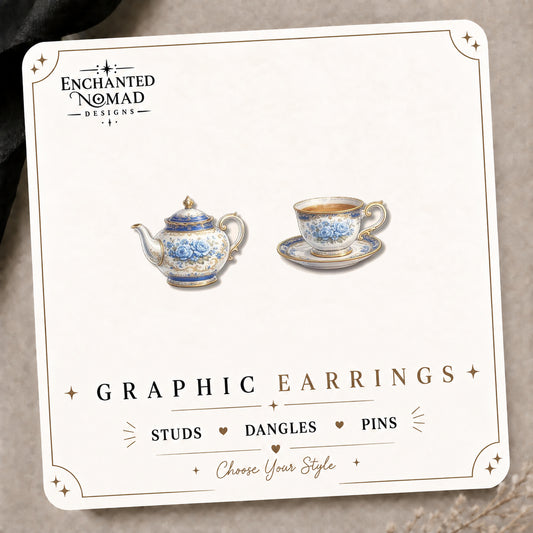 Floral Teapot and Tea Cup Stud Earrings on the tilted Enchanted Nomad Designs card