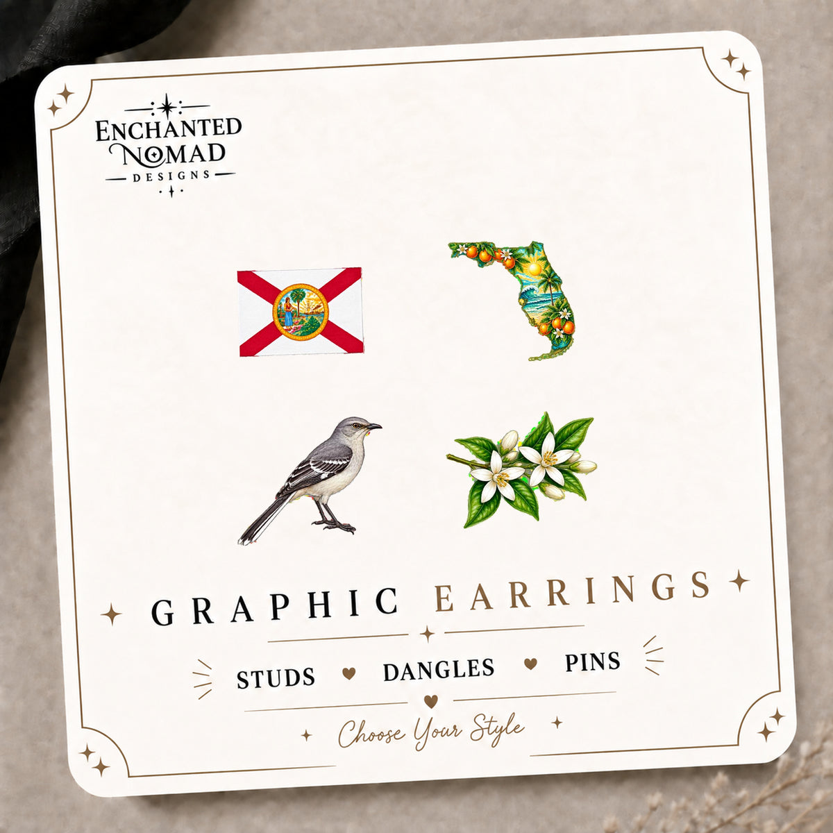Florida Mix & Match Stud Earrings on the tilted Enchanted Nomad Designs card