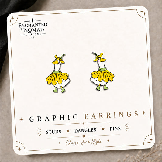 Flower Goose Stud Earrings on the tilted Enchanted Nomad Designs card