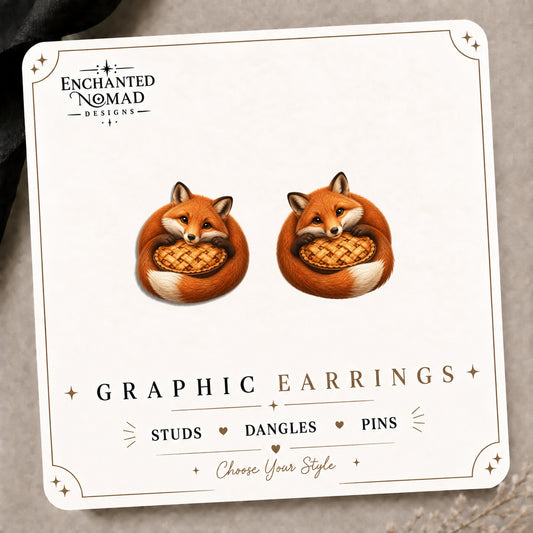 Fox Apple Pie Stud Earrings on the tilted Enchanted Nomad Designs card