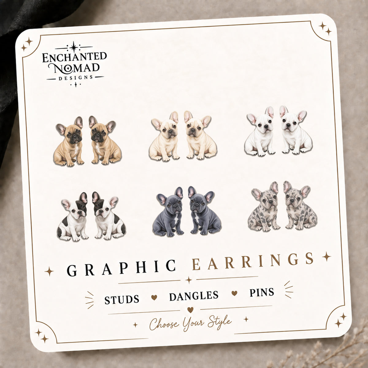 French Bulldog Stud Earrings on the tilted Enchanted Nomad Designs card