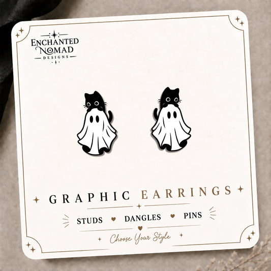 Ghost Cat Stud Earrings on the tilted Enchanted Nomad Designs card