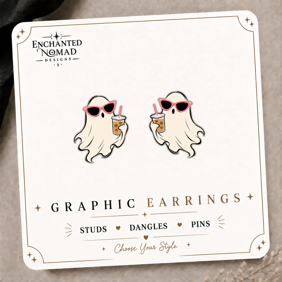 Ghost Iced Coffee Stud Earrings on the tilted Enchanted Nomad Designs card