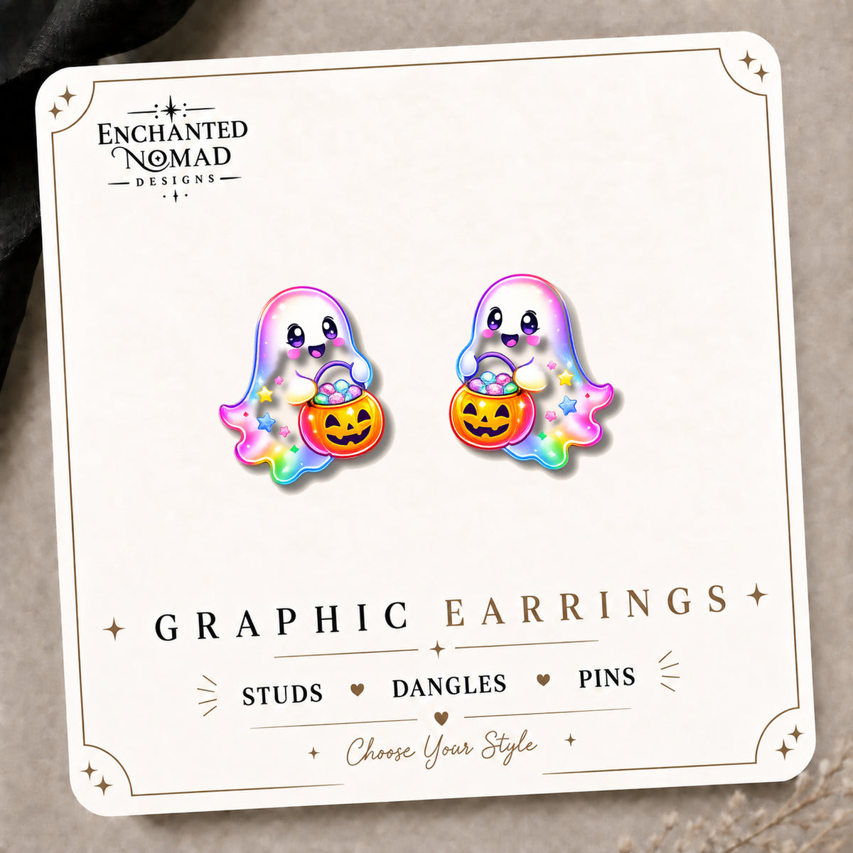 Ghost with Candy Bucket Stud Earrings on the tilted Enchanted Nomad Designs card
