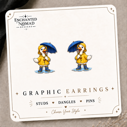 Goose in Raincoat Stud Earrings on the tilted Enchanted Nomad Designs card