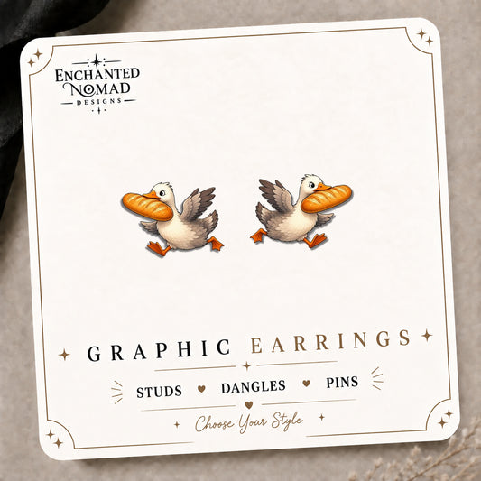 Goose with Bread Stud Earrings on the tilted Enchanted Nomad Designs card