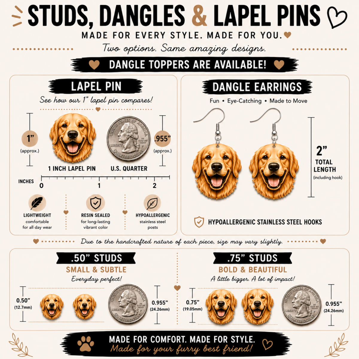 General graphic earring style and size guide with example designs