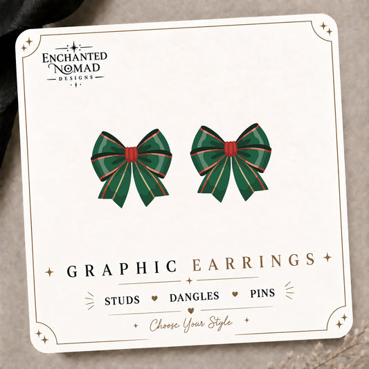 Green Christmas Bow Stud Earrings on the tilted Enchanted Nomad Designs card