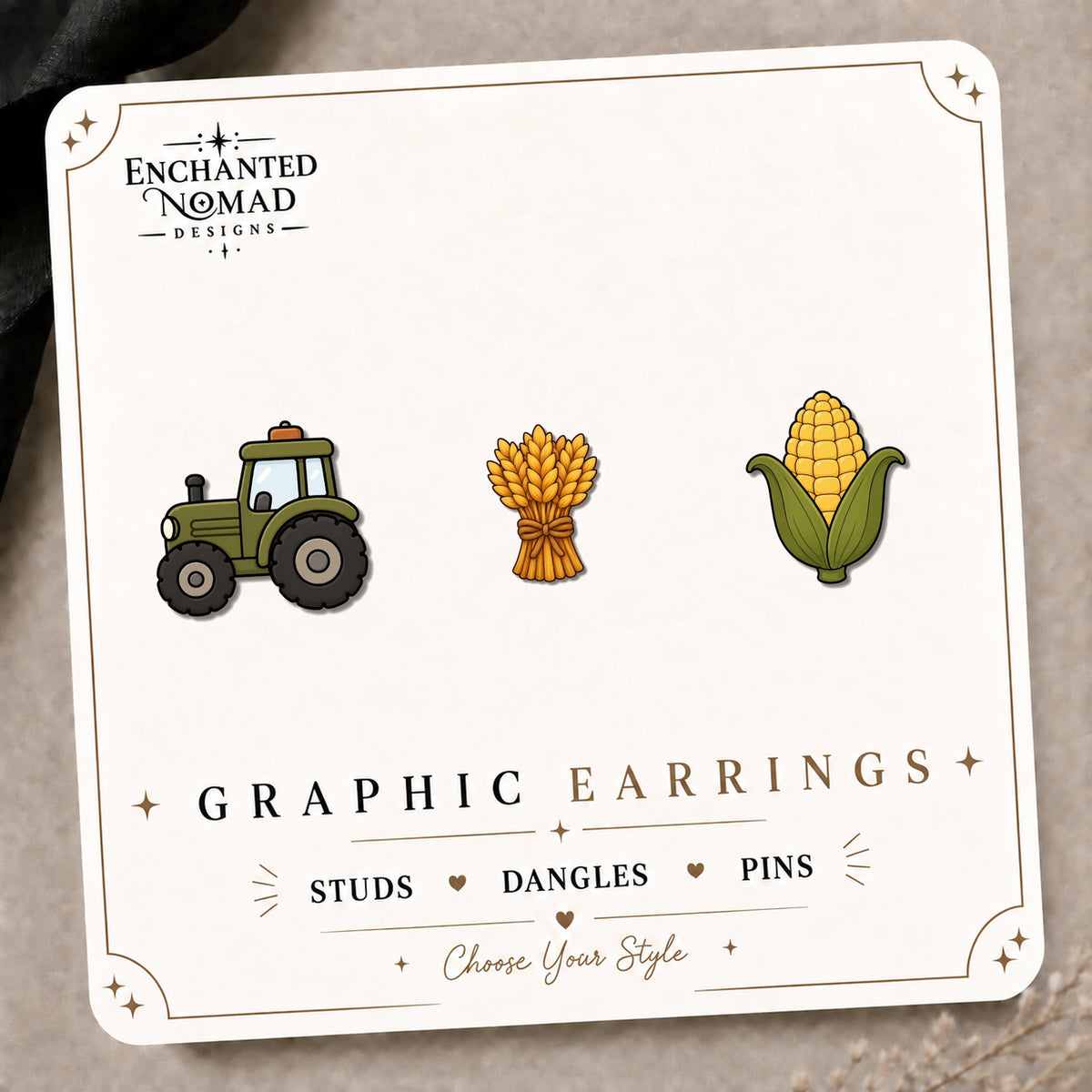 Green Tractor Stud Earrings on the tilted Enchanted Nomad Designs card