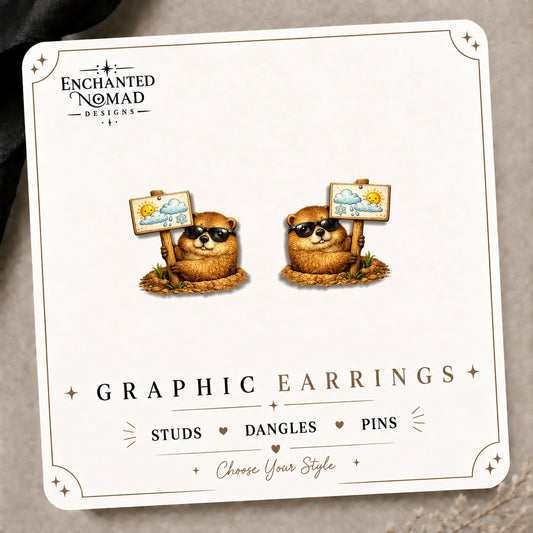 Groundhog Weather Forecast Stud Earrings on the tilted Enchanted Nomad Designs card