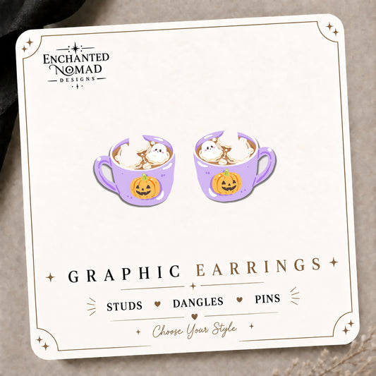 Halloween Ghost Marshmallow Cocoa Stud Earrings on the tilted Enchanted Nomad Designs card