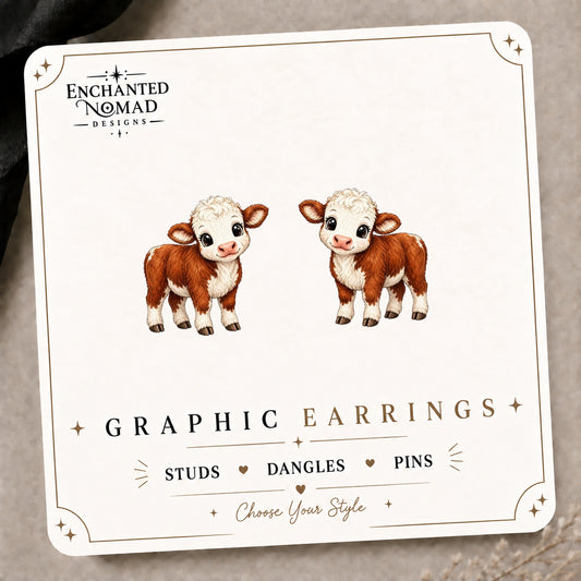 Hereford Cow Stud Earrings on the tilted Enchanted Nomad Designs card
