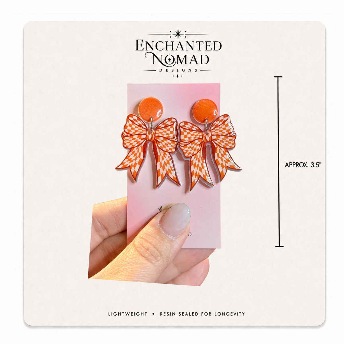 Orange Gingham Bow Dangle Earrings on original display card