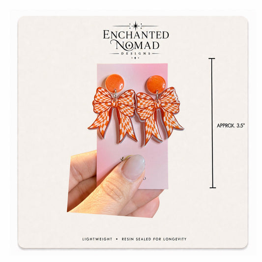 Orange Gingham Bow Dangle Earrings on original display card