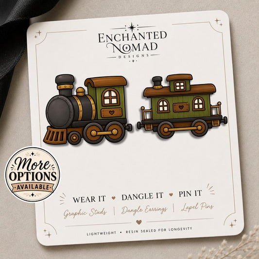 Vintage Steam Train & Caboose Earrings on original display card