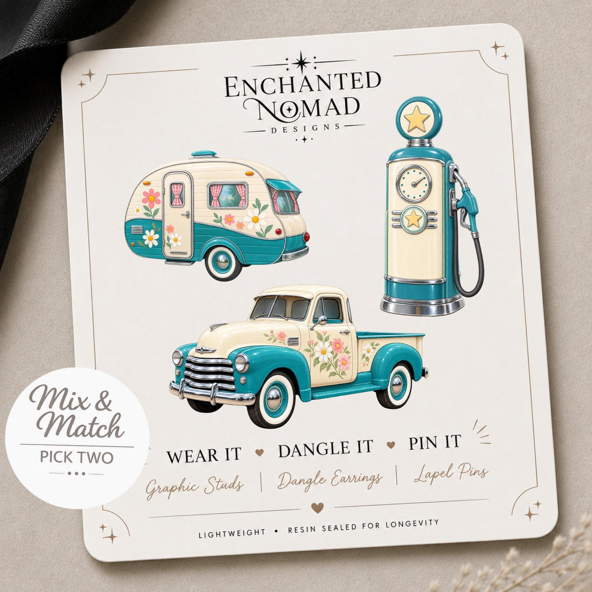 Teal Retro Camping Earrings on original tilted display card
