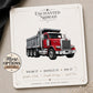 Red Dump Truck Earrings & Pins on a branded display card