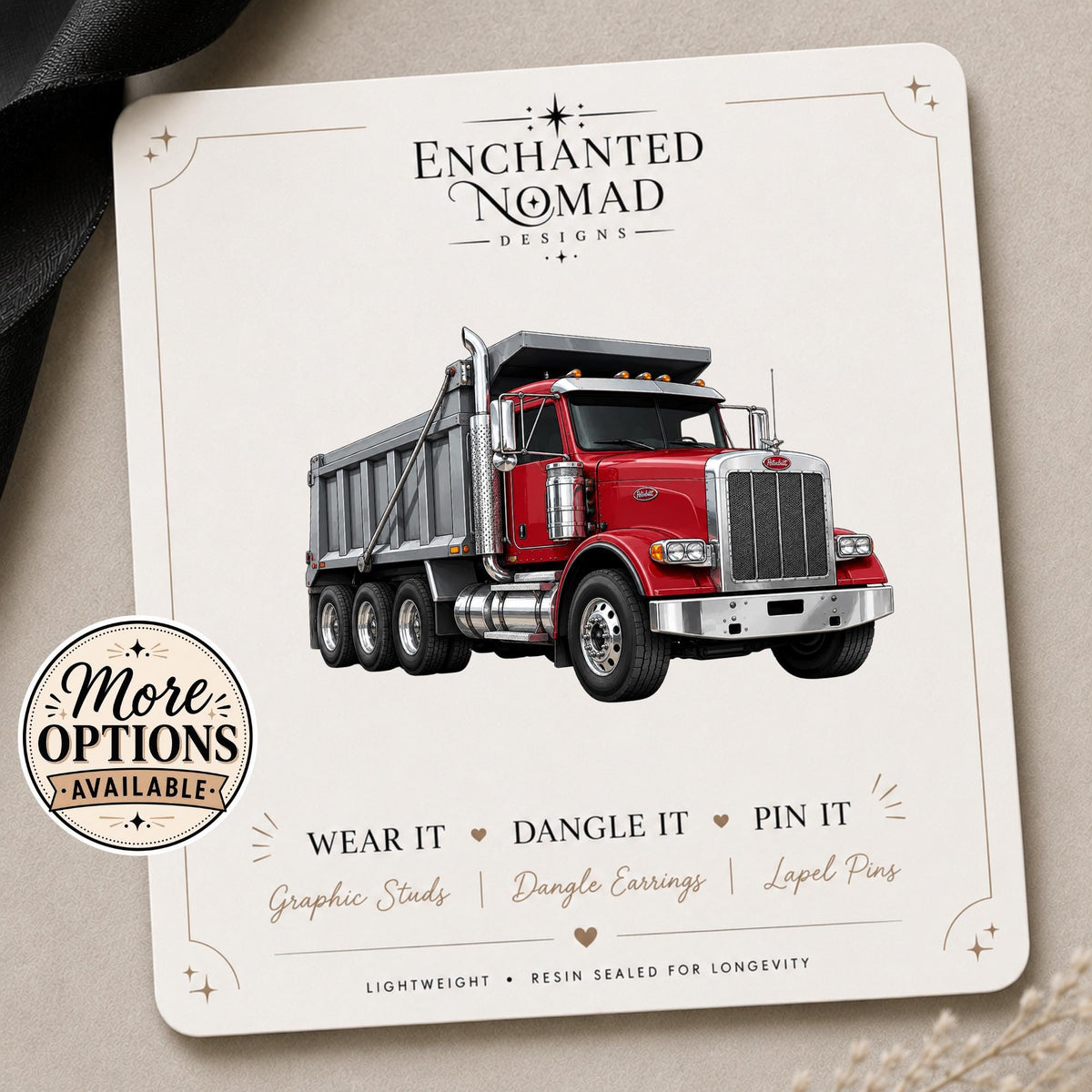 Red Dump Truck Earrings & Pins on a branded display card