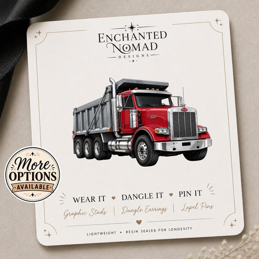 Red Dump Truck Earrings & Pins on a branded display card