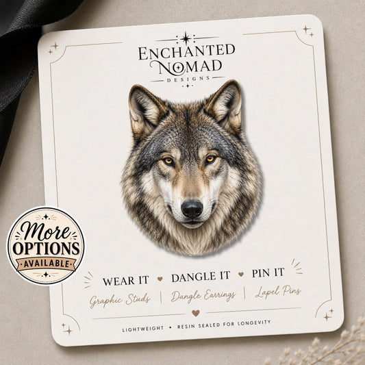 Gray Wolf Graphic Earrings & Pin on a branded display card