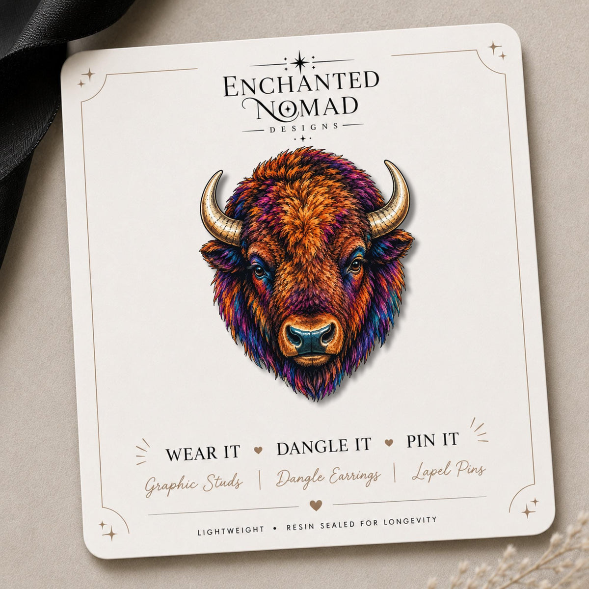 American Bison Earrings & Pins on a branded display card