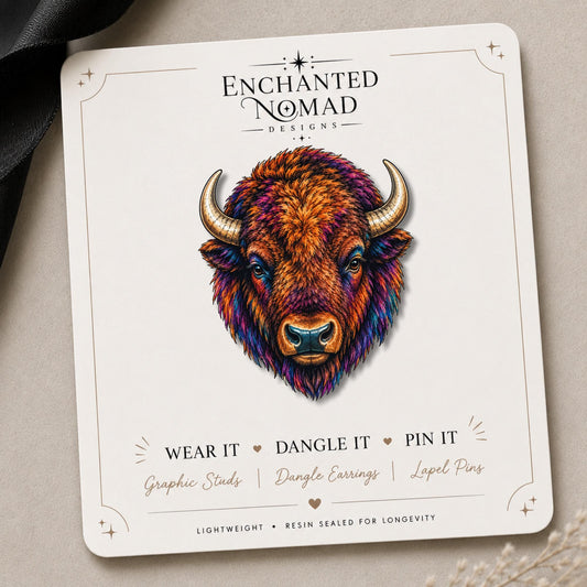 American Bison Earrings & Pins on a branded display card